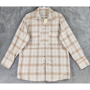 Jodifl Shirt Womens Large Cream Plaid Button Up Sleeve Wool Blend Flannel Top